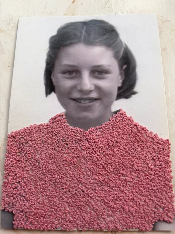 Embroidered Vintage Postcard - 'Pink' Girl mixed media art