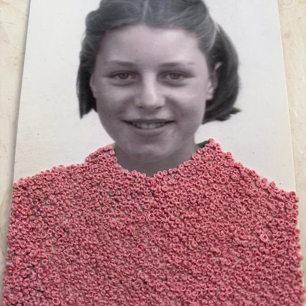 Embroidered Vintage Postcard - 'Pink' Girl mixed media art