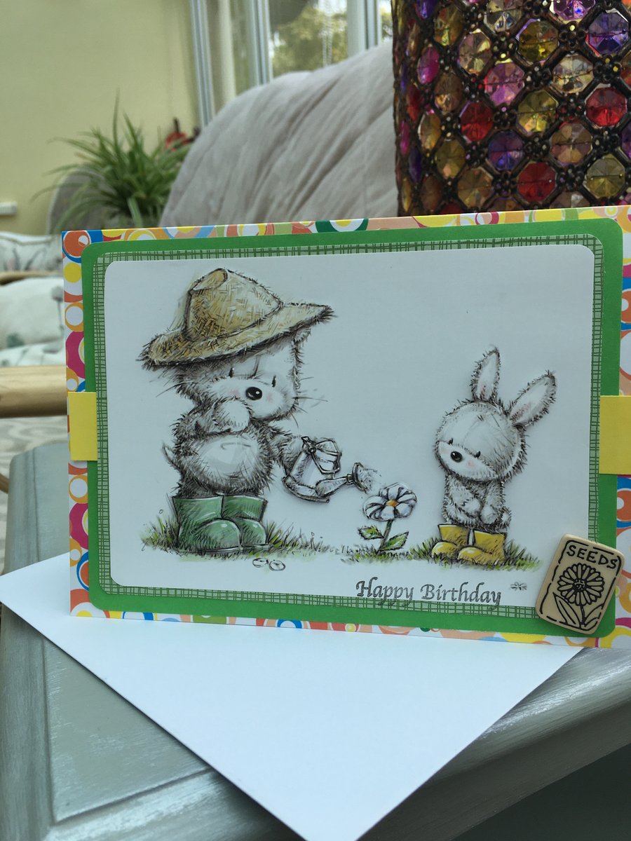 Gardening bear and bunny cute birthday card