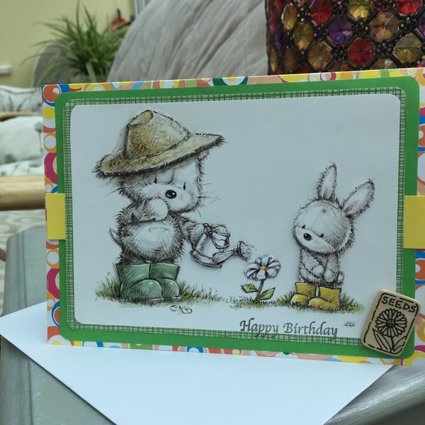 Gardening bear and bunny cute birthday card