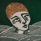 Swimmer lino print with gold cap