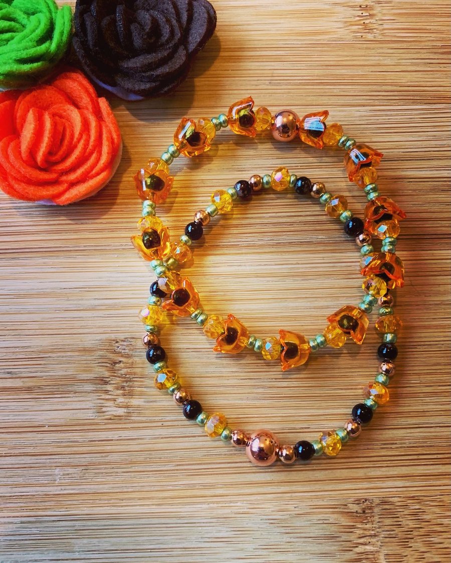 Vibrant Orange Flower Stacking Stretch Bracelets