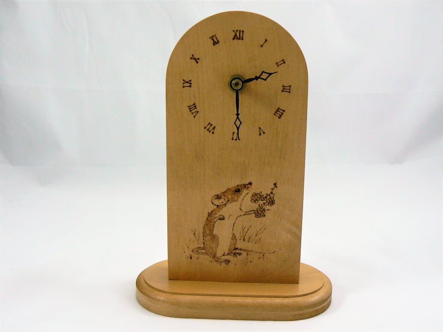 Mantle clock with pyrographed mouse on