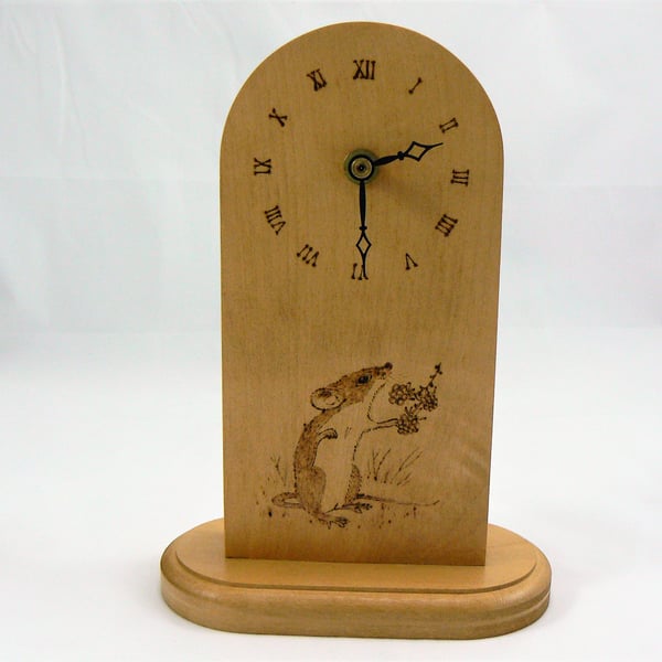 Mantle clock with pyrographed mouse on