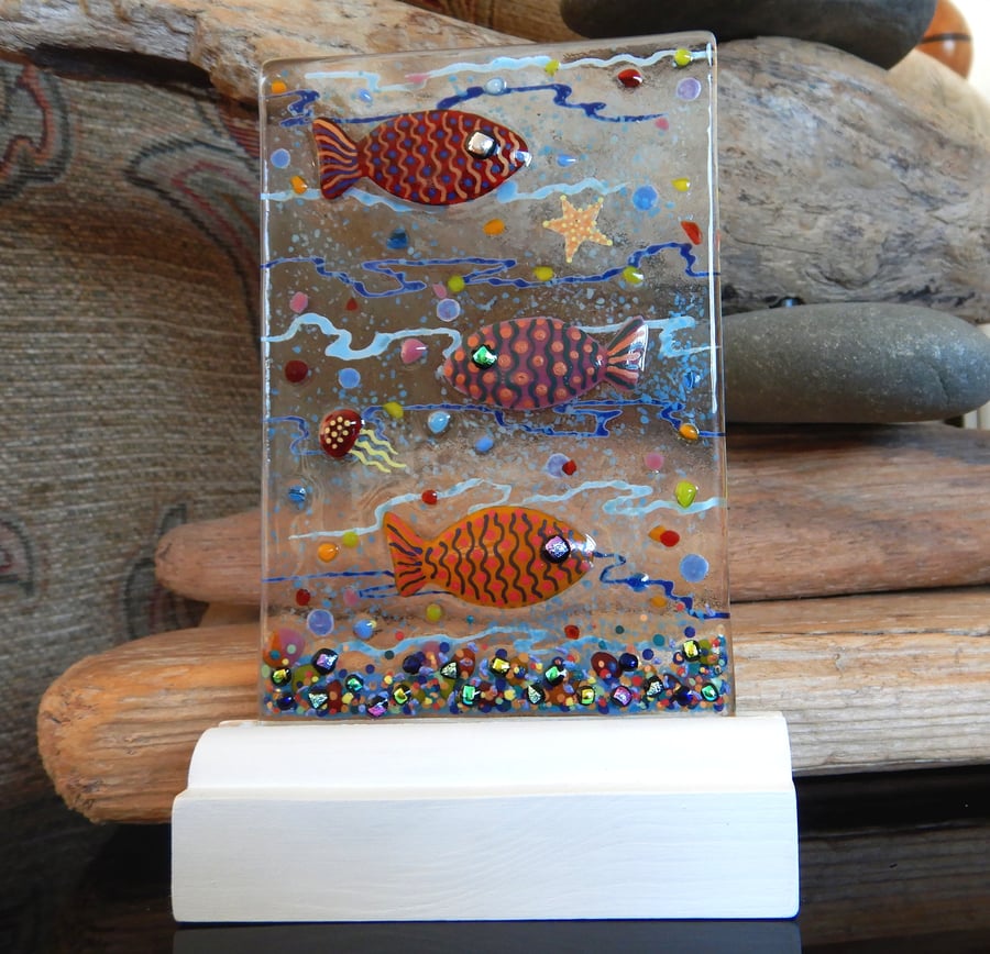 Handmade Fused Glass 'FISHES' framed picture.