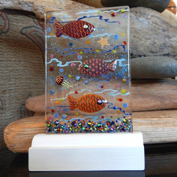 Handmade Fused Glass 'FISHES' framed picture.