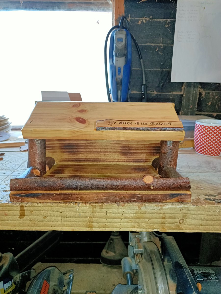 Wooden bird feeder reclaimed wood pyrography blue tits