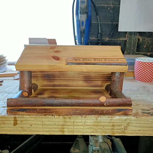 Wooden bird feeder reclaimed wood pyrography blue tits