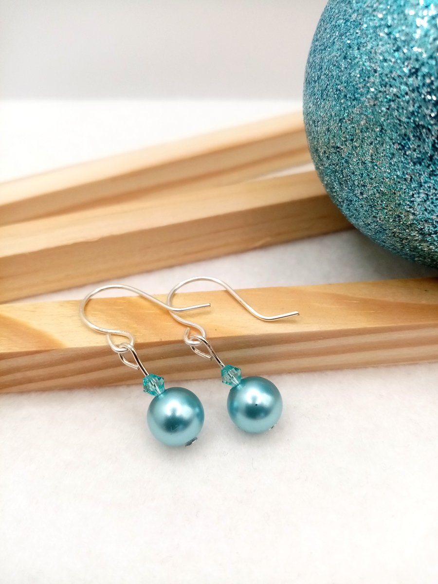 Christmas Bauble Inspired Earrings, Ice Blue Pearl Drop Earrings, Blue Pearl 