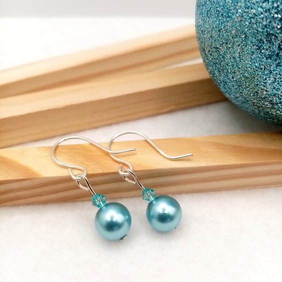 Christmas Bauble Inspired Earrings, Ice Blue Glass Pearl Drop Earrings
