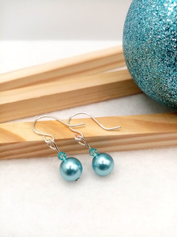 Christmas Bauble Inspired Earrings, Ice Blue Pearl Drop Earrings, Blue Pearl 