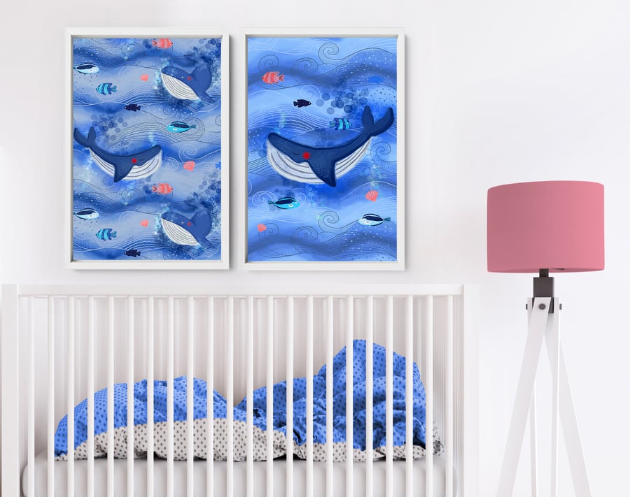 Sea themed nursery decor for baby boys, Set of 2 custom name Whales prints