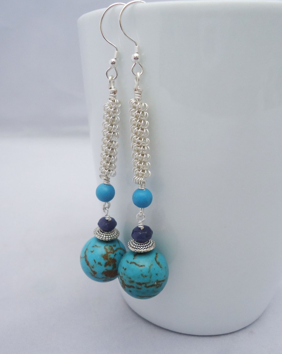 Turquoise and Jade Earrings, Wire Wrapped Turquoise Earrings, Long Earrings