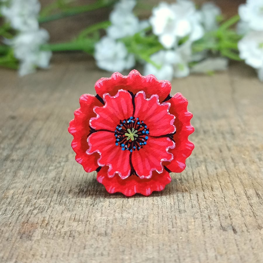 Red Poppy Brooch, August Birthday, Handmade Memorial Keepsake Pin