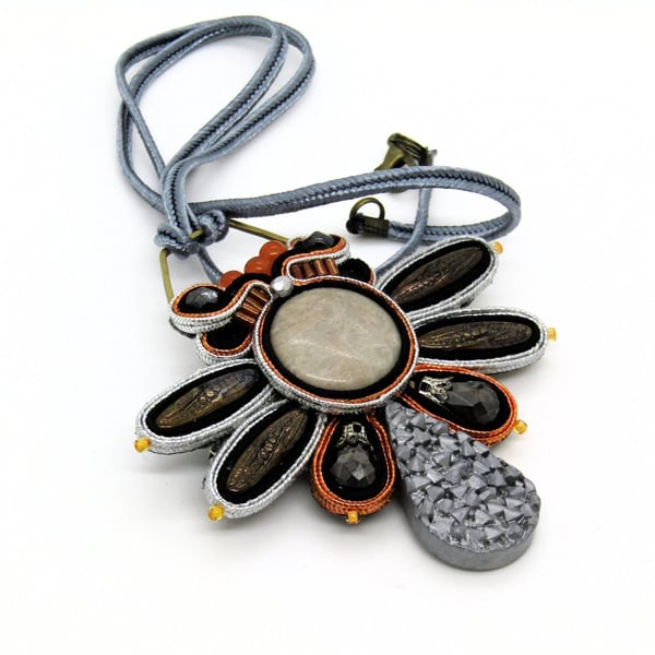 Soutache Brooch Pendant Grey Orange Statement Necklace Handmade UK