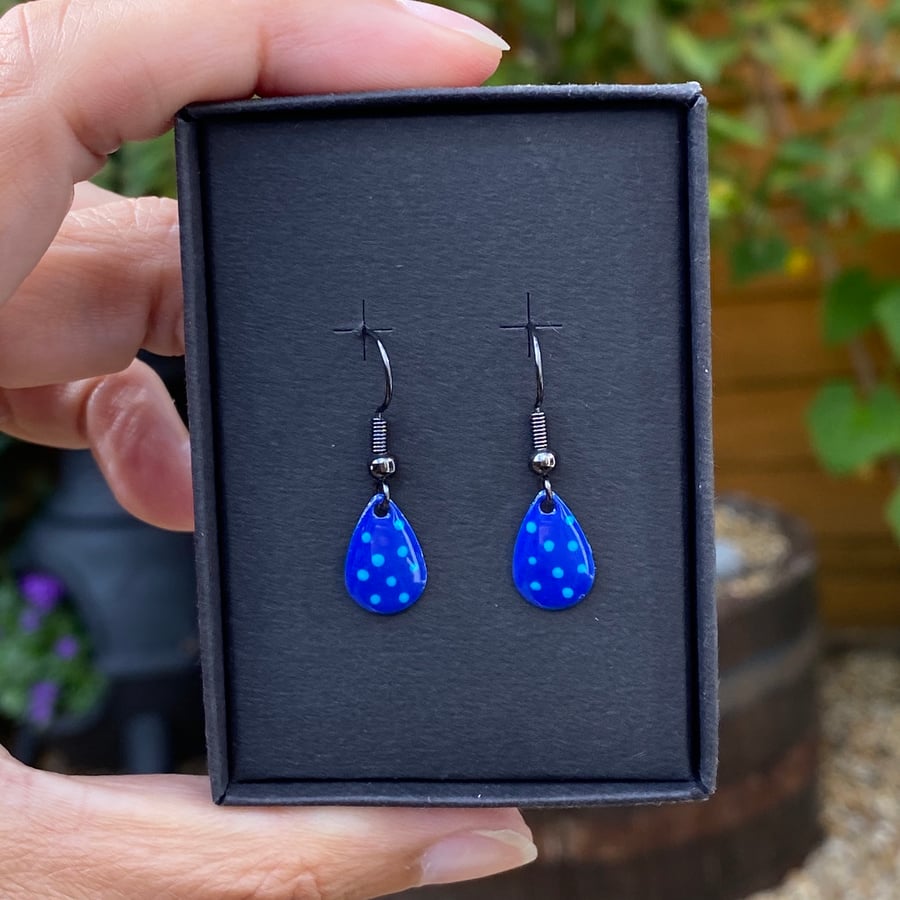 Blue & Turquoise Spot Enamel Teardrop Earrings. Sterling silver available