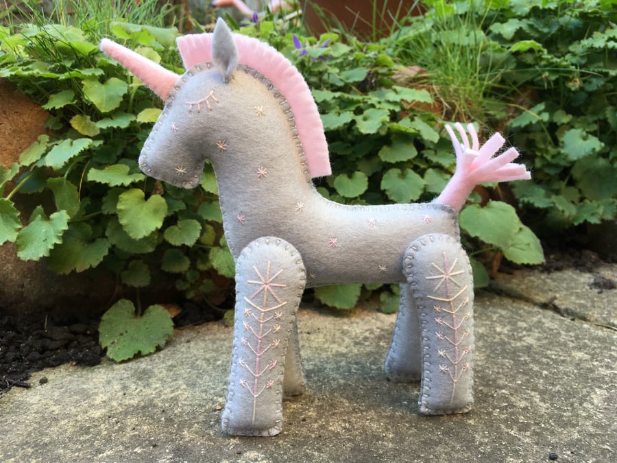 Hand Embroidered Little Grey Unicorn 