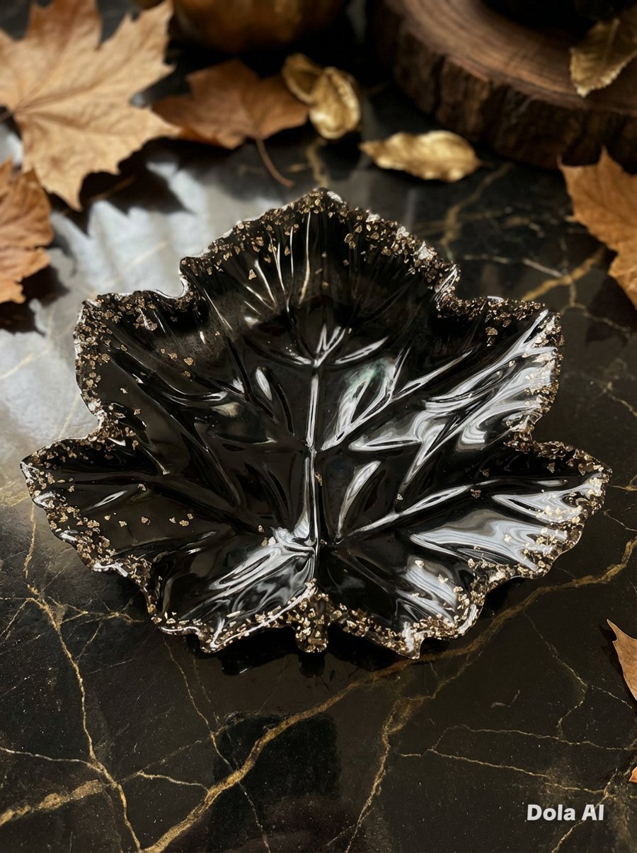 Epoxy Resin Black & Gold Resin Trinket Dish in Shape of Oak Leaf