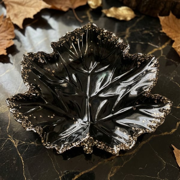 Epoxy Resin Black & Gold Resin Trinket Dish in Shape of Oak Leaf