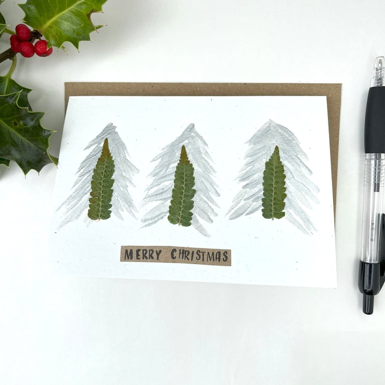 Handmade Real Pressed Ferns Trio of Sliver Christmas Trees Card 01
