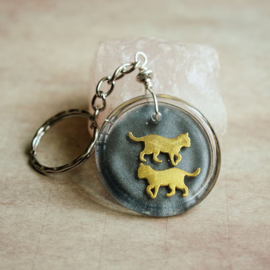 Charcoal Grey Two Cat Keyring, Gifts for Cat Lovers