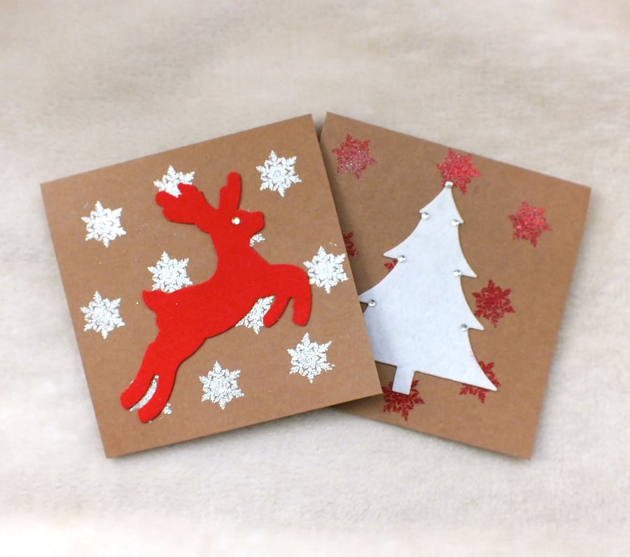 Handmade Pack of 2 Christmas Tree & Leaping Reindeer Cards
