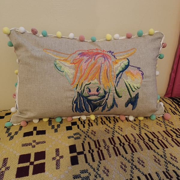 Rainbow Highland Cow cushion