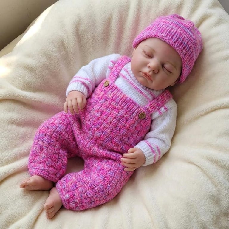 Hand knitted baby girl jumper, dungarees and hat set 0 - 3 months  