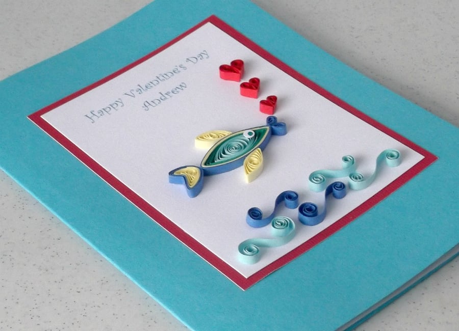Quilled Valentine card with paper quilling fish, handmade greetings