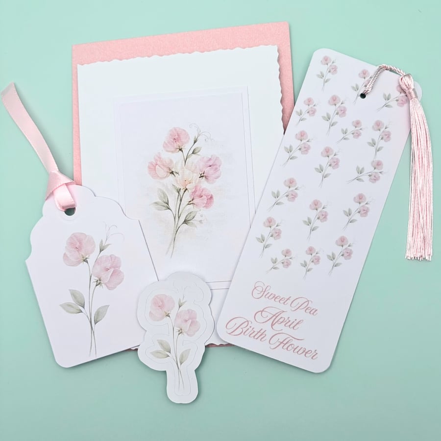 Sweet Pea April Birth Flower Mini Gift Set - Botanical Card, Bookmark & Gift Tag