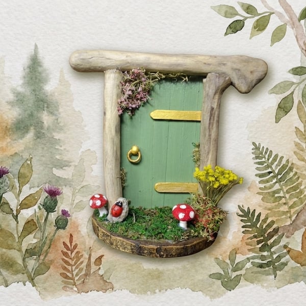 Handcrafted driftwood fairy door.