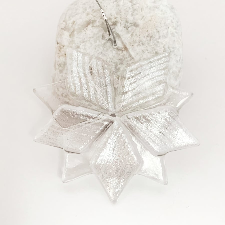 Fused Glass Stripy Silver Star Hanging - Handmade Glass Christmas Decoration