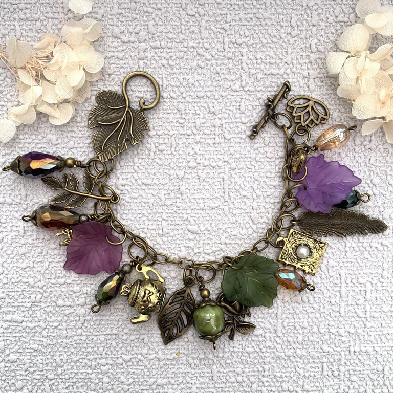 Antique Bronze, Lucite and Glass Bead Charm Bracelet 