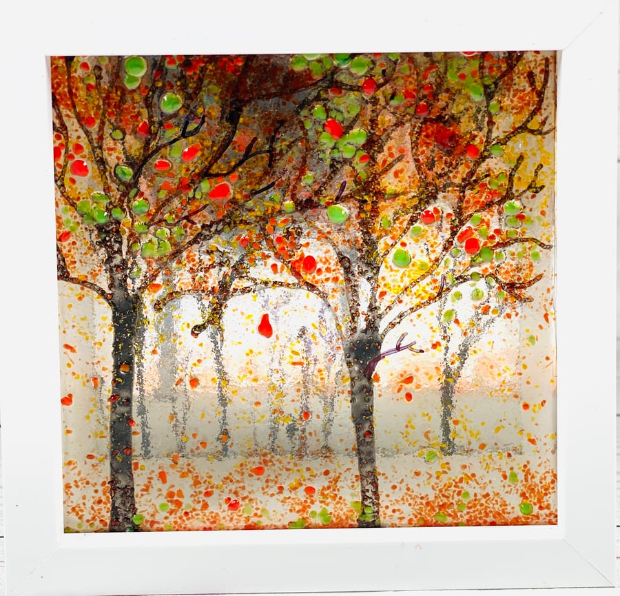 Autumnal scene - fused glass cube picture 