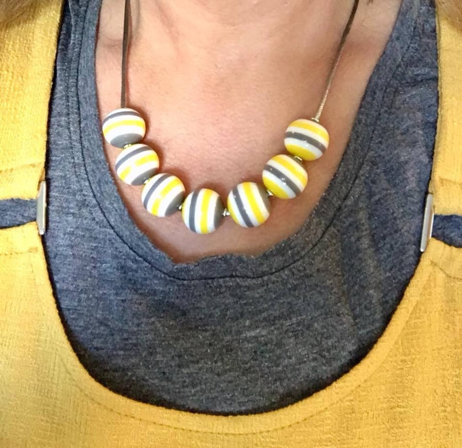 Grey Yellow Bright Bead necklaces stripes stripey stripes summer