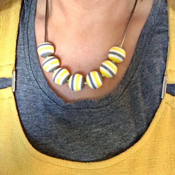 Grey Yellow Bright Bead necklaces stripes stripey stripes summer
