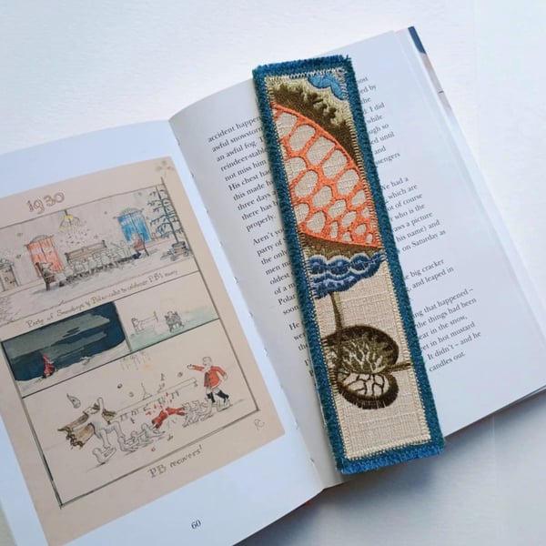 Textile bookmark - green and orange embroidered curtain, wool and velvet fabrics