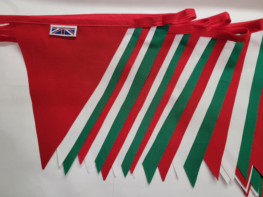 Wales fabric bunting - red, white and green flags. 10 mtrs