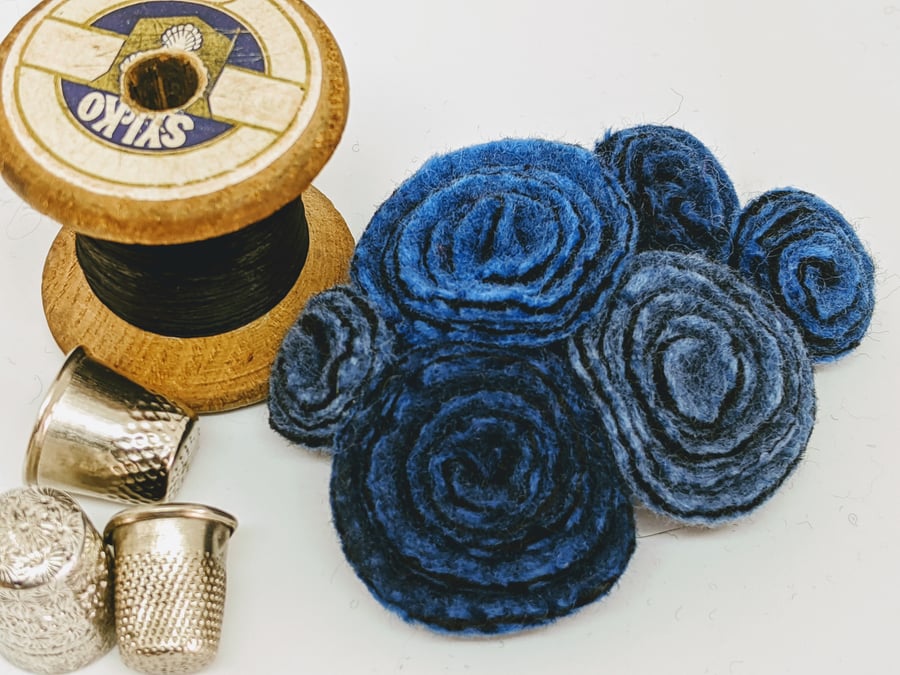 Large vintage inspired felted flowers brooch in shades of denim blue