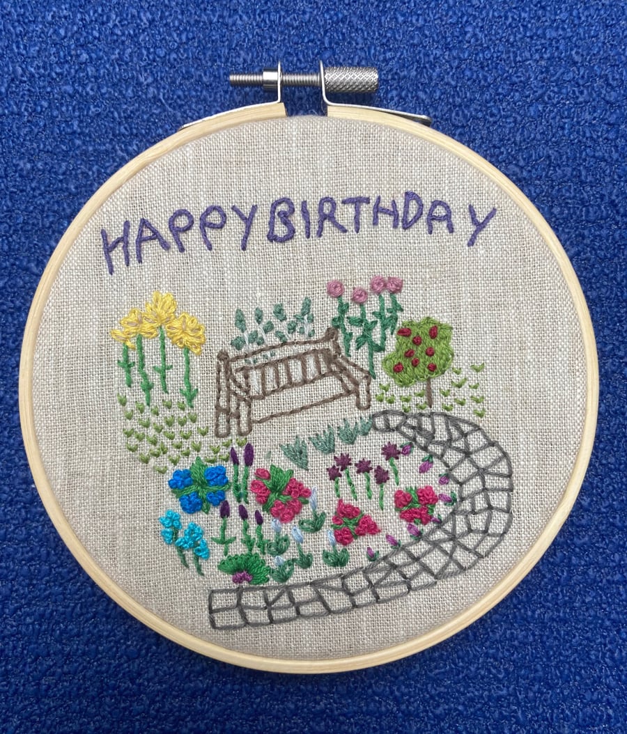 Cottage garden birthday embroidery hoop.