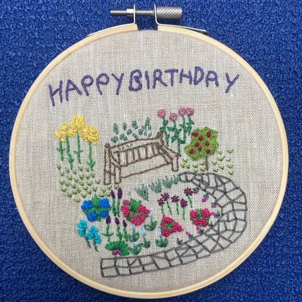 Cottage garden birthday embroidery hoop.