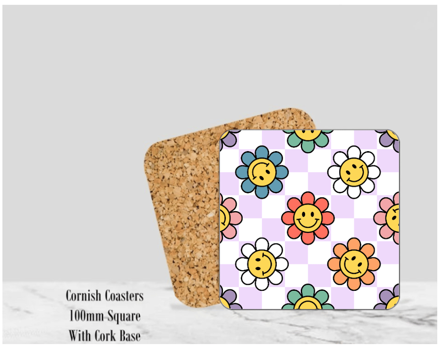 Flower Coaster  4" Square With Cork Base - Design 1