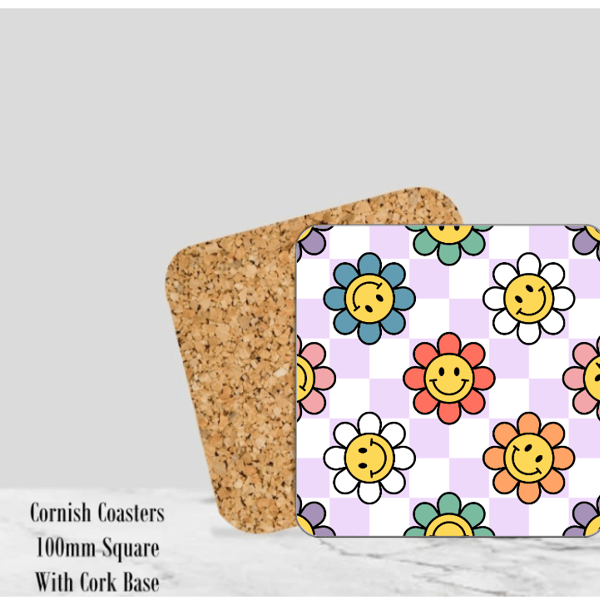Flower Coaster  4" Square With Cork Base - Design 1