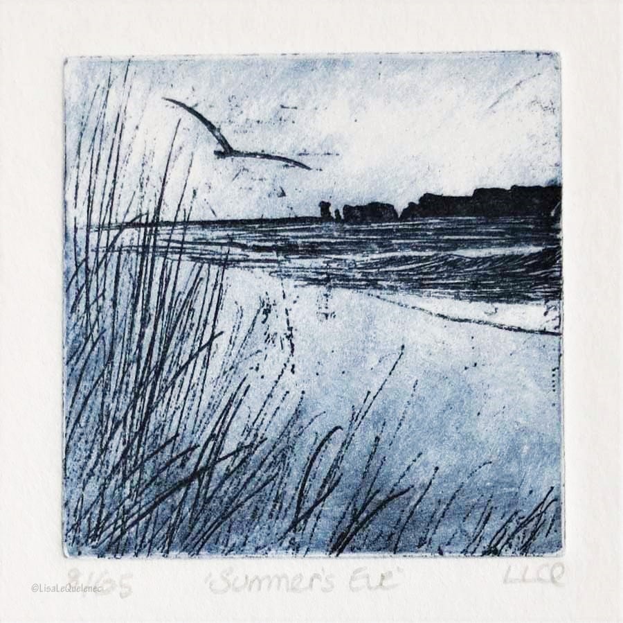 Summer's Eve original etching coastal beach scene no.8 of 65 in smokey blue grey