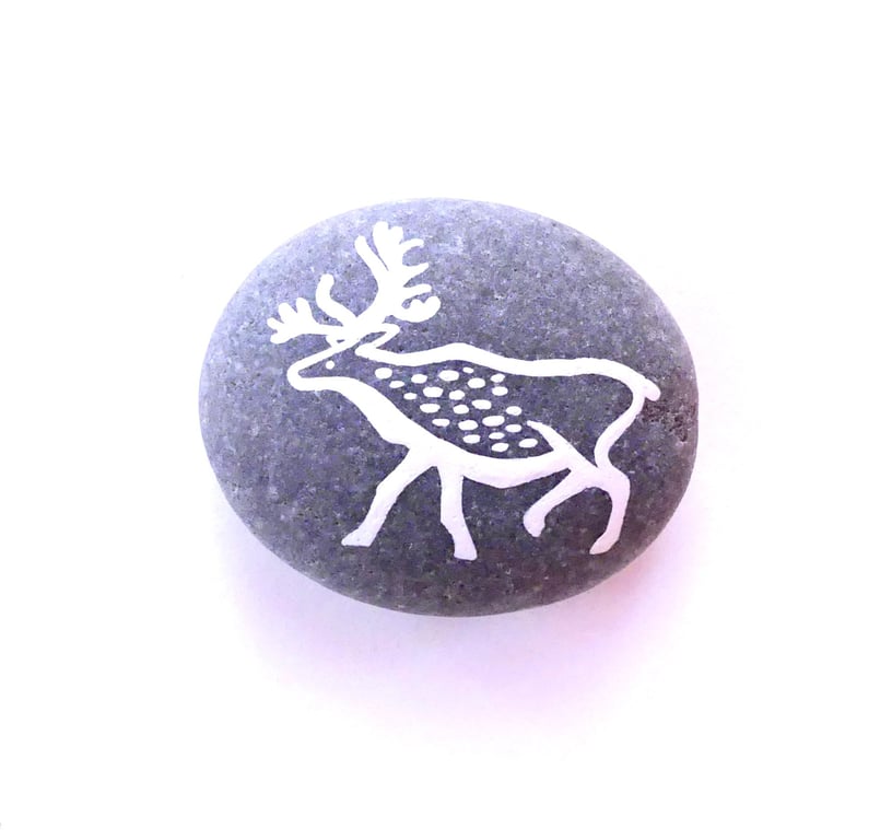 Painted Reindeer Spirit Stone, Forestcore Aesthetic Log Cabin Home Vibe Art