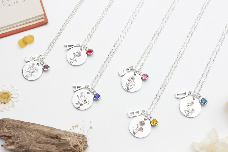 Personalised Birth Flower Necklaces - Gift for her. Birth Month Necklace. 