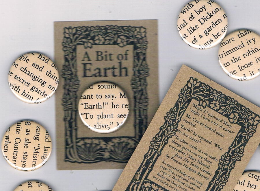 UPCYCLED BADGE for Earth Day, Secret Garden book pages, eco-friendly