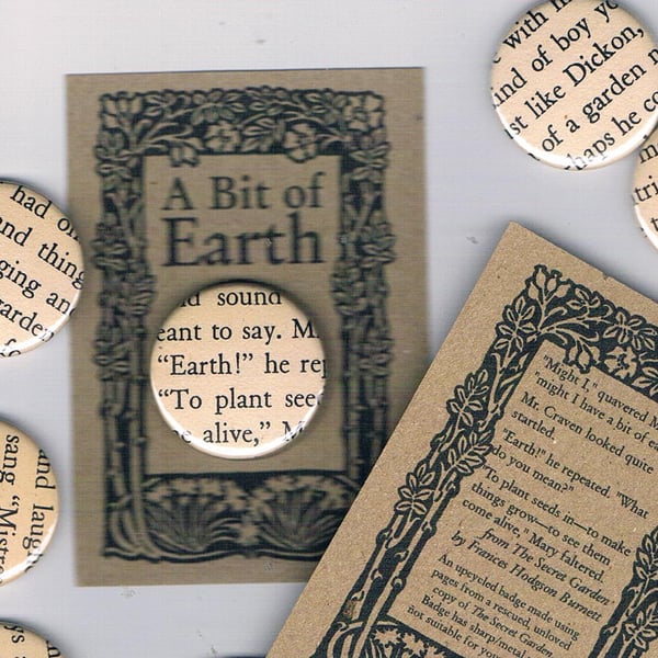 UPCYCLED BADGE for Earth Day, Secret Garden book pages, eco-friendly