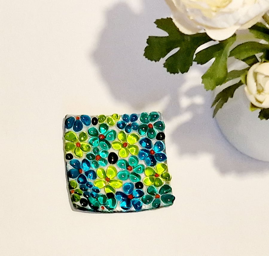 Fused glass green and blue ditsy square trinket dish
