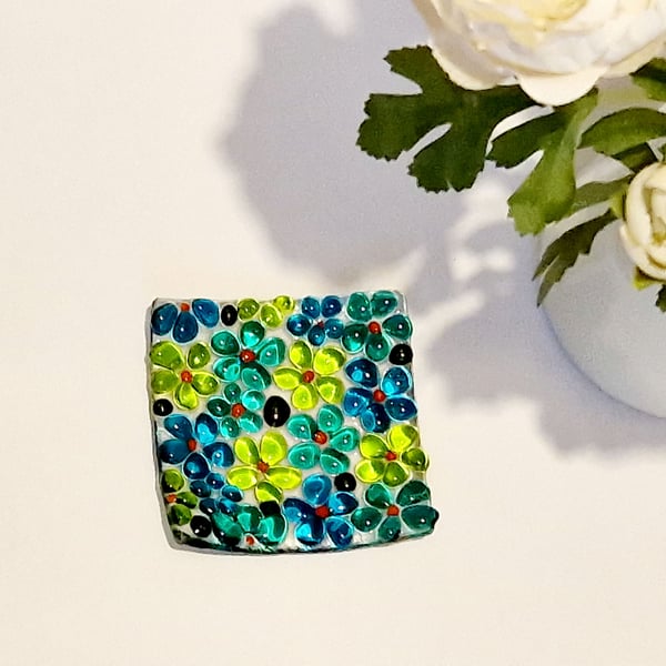 Fused glass green and blue ditsy square trinket dish